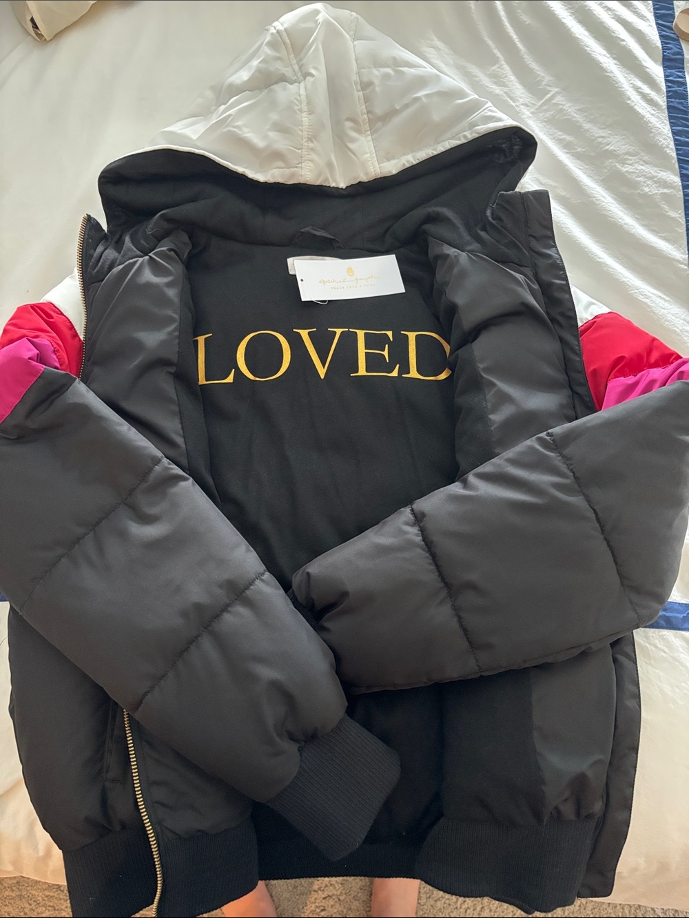 Spiritual Gangster Colorblock Puffer Jacket in White, Red, Pink & Black - Picture 3 of 4
